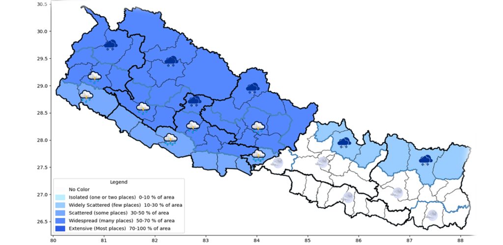 लुम्बिनी प्रदेशका पहाडी भूभागका केही स्थानमा मध्यम वर्षा हुने